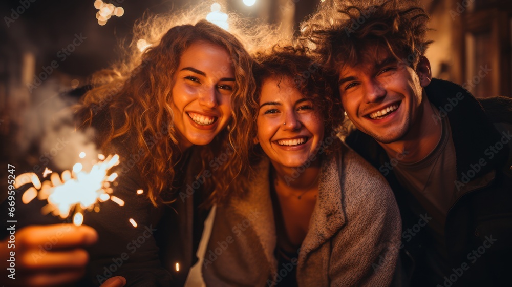 A group of friends celebrates a night with fireworks. New Year's Eve celebration