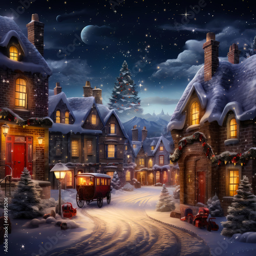 christmas scene with a train and a town at night with snow on the ground and a full moon in the sky