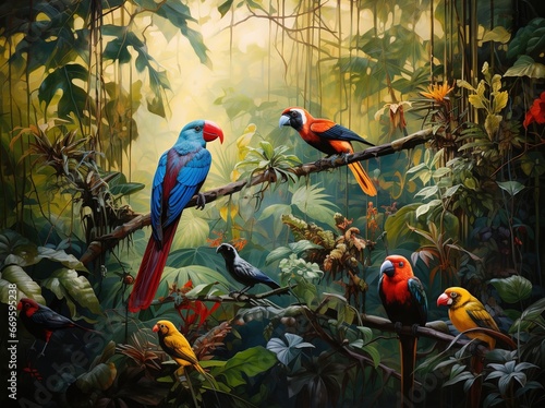 Majestic Jungle Serenity: Hand-Painted Mural Depicting Parrots, Birds, and Butterflies in Tropical Forest. Timeless Nature's Beauty Captured. Generative AI