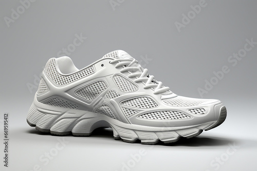 The shot of a white running sport sneaker shoe pair isolated on a white  orange  grey  blue background. Generative AI. photo