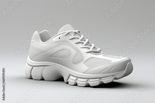 The shot of a white running sport sneaker shoe pair isolated on a white  orange  grey  blue background. Generative AI. photo