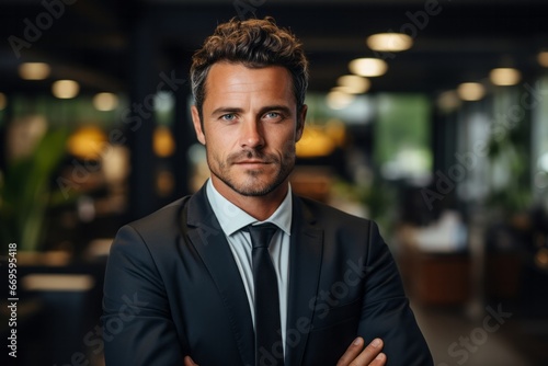 Happy successful middle aged business man ceo wearing suit standing in office. Smiling mature businessman professional executive manager looking away and thinking.