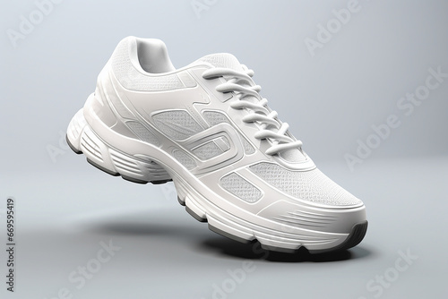 The shot of a white running sport sneaker shoe pair isolated on a white orange grey blue background. Generative AI.