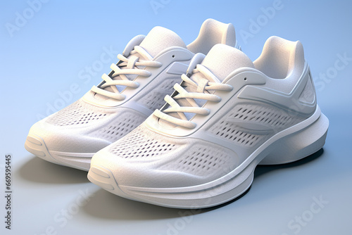 The shot of a white running sport sneaker shoe pair isolated on a white orange grey blue background. Generative AI.