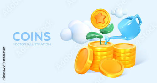 A 3D watering can waters coins. Income growth and financial success. Vector illustration photo