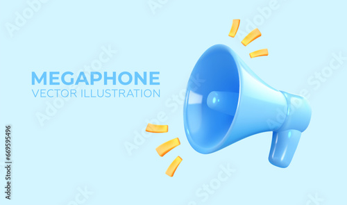 Blue megaphone in 3D style. Horn isolated on background. Important announcement, advertising, marketing or news. Vector illustration