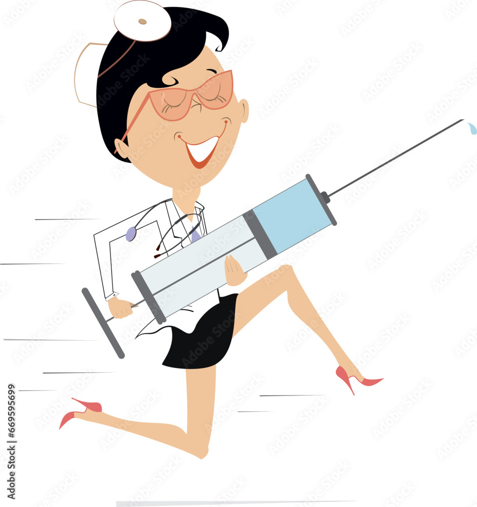 Smiling doctor woman with a big syringe runs to render the medical aid.
Cartoon hurry doctor woman holding a big syringe. Isolated on white background
Smiling doctor woman with a big syringe runs to render the medical aid.
Cartoon hurry doctor woman holding a big syringe. Isolated on white background
