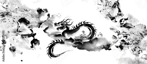 水墨画で描かれた年賀状の干支 雲の中から現れた辰（龍）