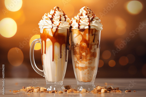 The shot of coffee shake frappe smoothie  topped with sweet whipping cream and caramel sauce in tall glasses  mugs on the black  white  blurry background. Generative AI.