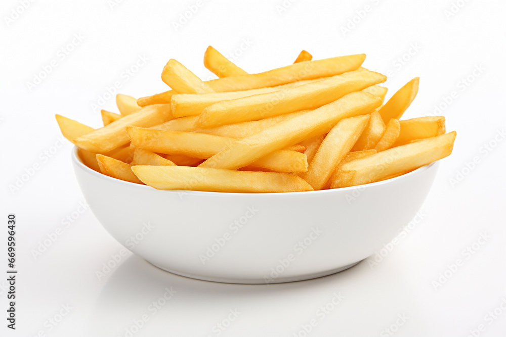 The fresh yummy french fries in a white bowl isolated on a clear white background shot in a studio. Generative AI. - obrazy, fototapety, plakaty 