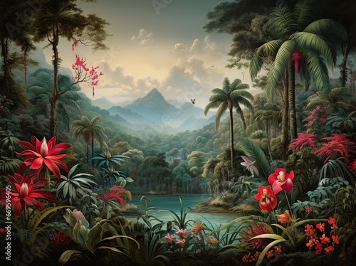 Enchanting Tropical Jungle  Vivid Forest Scene with Parrots  Birds  and Butterflies in Old-Style Hand-Painted Mural. Nature s Beauty Captured in Vintage Elegance. Generative AI