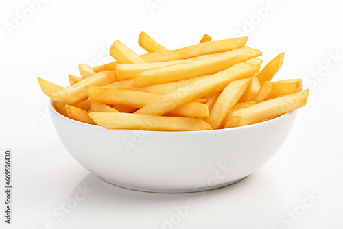 The fresh yummy french fries in a white bowl isolated on a clear white background shot in a studio. Generative AI. photo