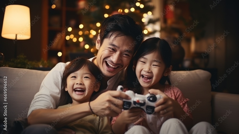 Happy Asian family relaxing with video games in the living room. Relationships and family activities