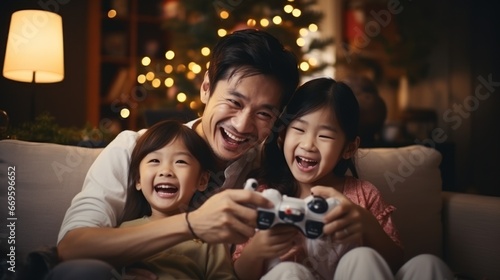 Happy Asian family relaxing with video games in the living room. Relationships and family activities