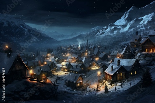 A desolate scene of a secluded alpine hamlet under a frosty night sky. Generative AI © Safi