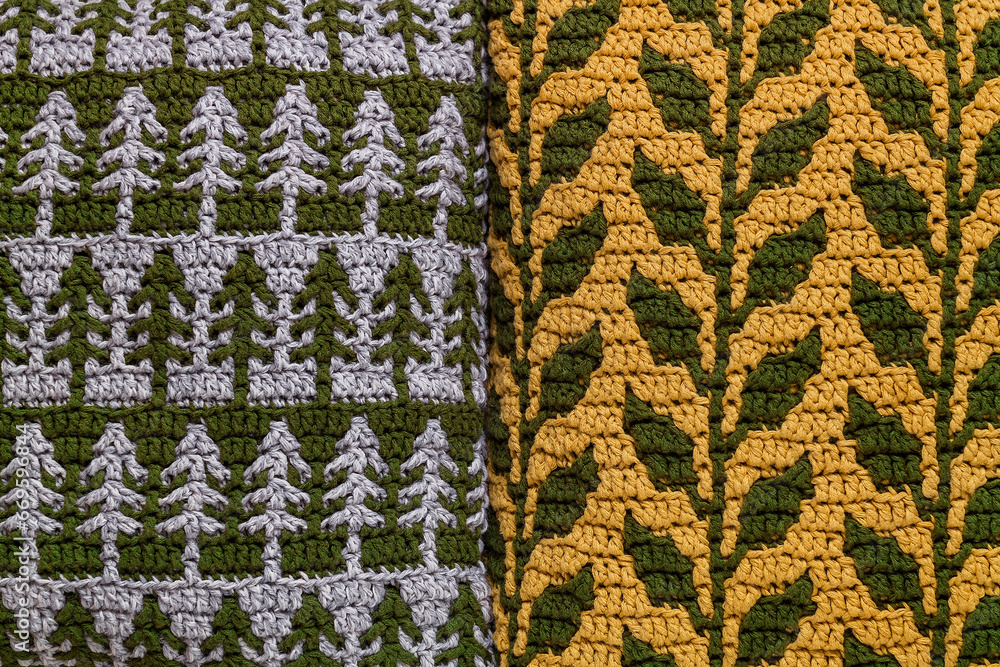 Mosaic crochet fabric with foliage and Christmas tree pattern.