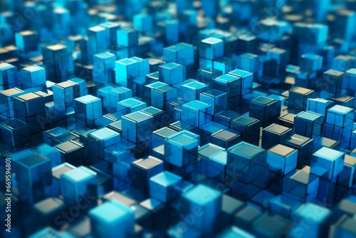 Modern tech backdrop with precise, varying-sized cubes. Blue, 3D illustration. Generative AI