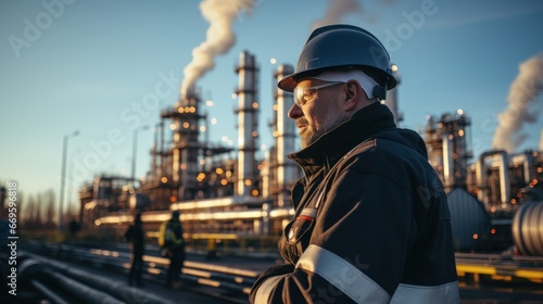 Male engineer and tablet working at oil and gas factory photo