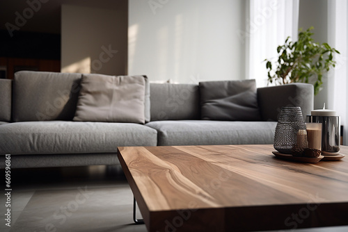 The close up detail of a coffee table and comfortable sofa with cushions in a modern living room, Generative AI.
