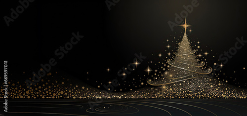 Invitation Card in Stylish Black and Gold: Minimalistic Christmas Tree Theme.