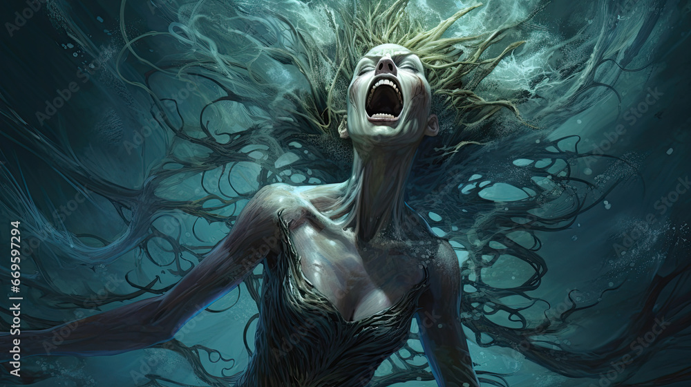 a woman screaming in the midst of a supernatural attack. Her face is ...