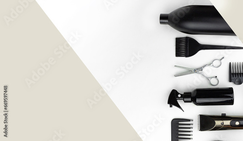 Composition with scissors, other hairdresser's accessories on white background. Professional items for a hairdressers, haircuts on a white background.