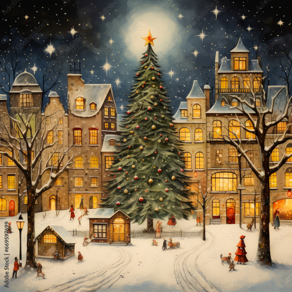 a painting of a christmas tree in a snowy town lit up buildings and a lit up tree in the foreground