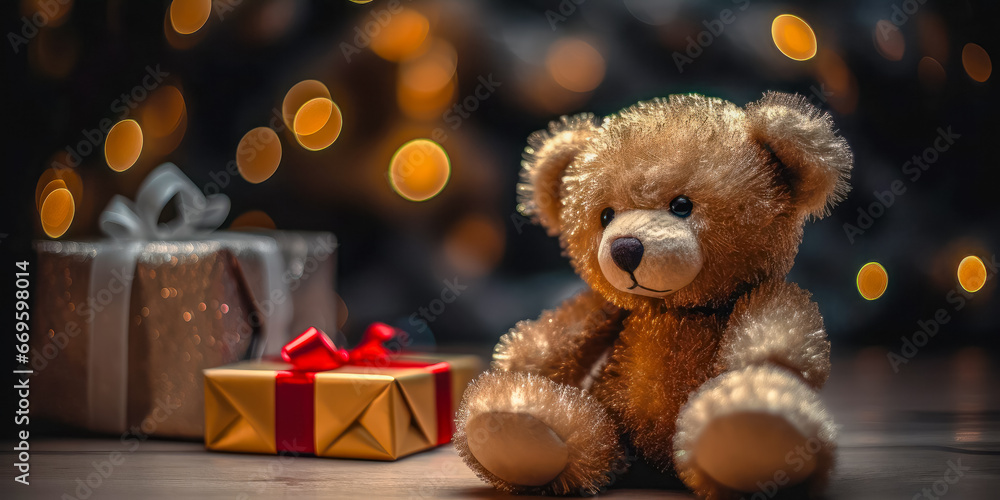 Teddy bear and gift boxes next to the Christmas tree. Generative AI. Teddy bear and gift boxes next to the Christmas tree. Generative AI.