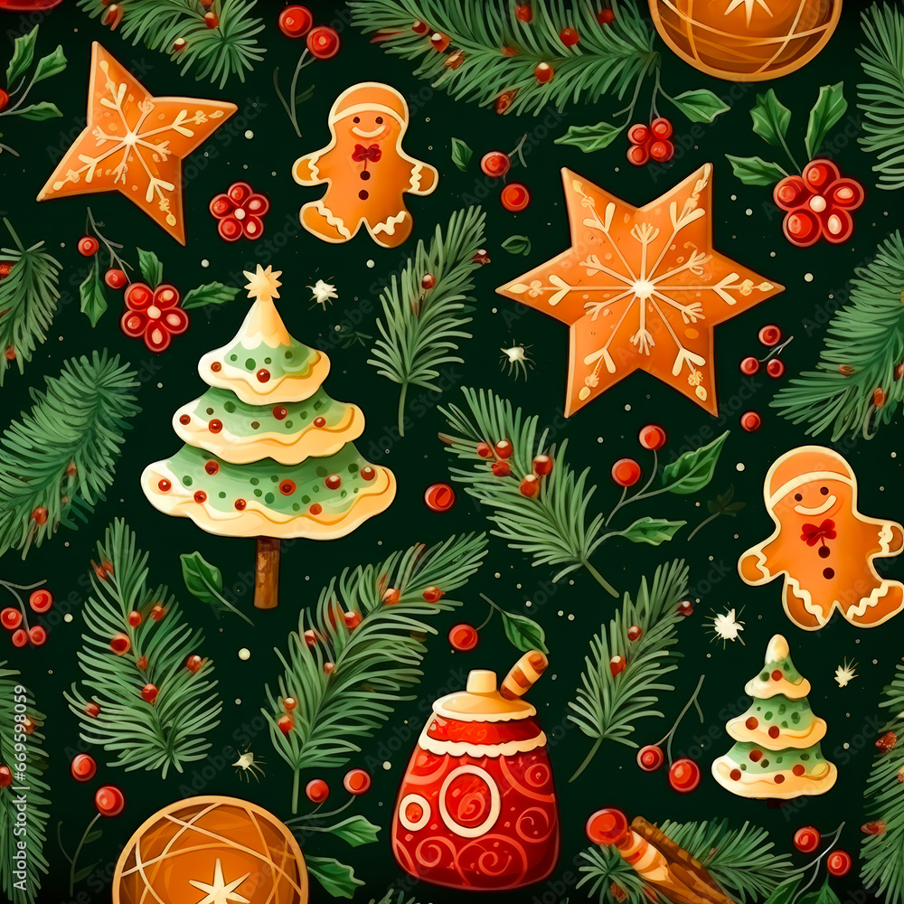 a christmas pattern with ginger cookies and other holiday decorations on a green background a christmas pattern with ginger cookies and other holiday decorations on a green background