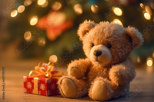 Teddy bear and gift boxes next to the Christmas tree. Generative AI. © Agustin