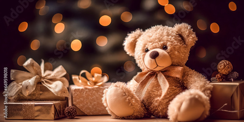 Wallpaper Mural Teddy bear and gift boxes next to the Christmas tree. Generative AI. Torontodigital.ca