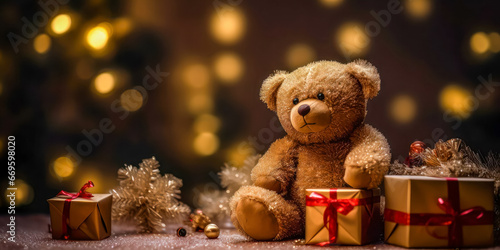 Wallpaper Mural Teddy bear and gift boxes next to the Christmas tree. Generative AI. Torontodigital.ca