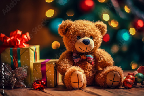 Teddy bear and gift boxes next to the Christmas tree. Generative AI.