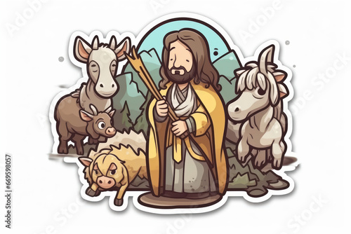 Illustration of a sticker with the image of the good shepherd. Generative AI.