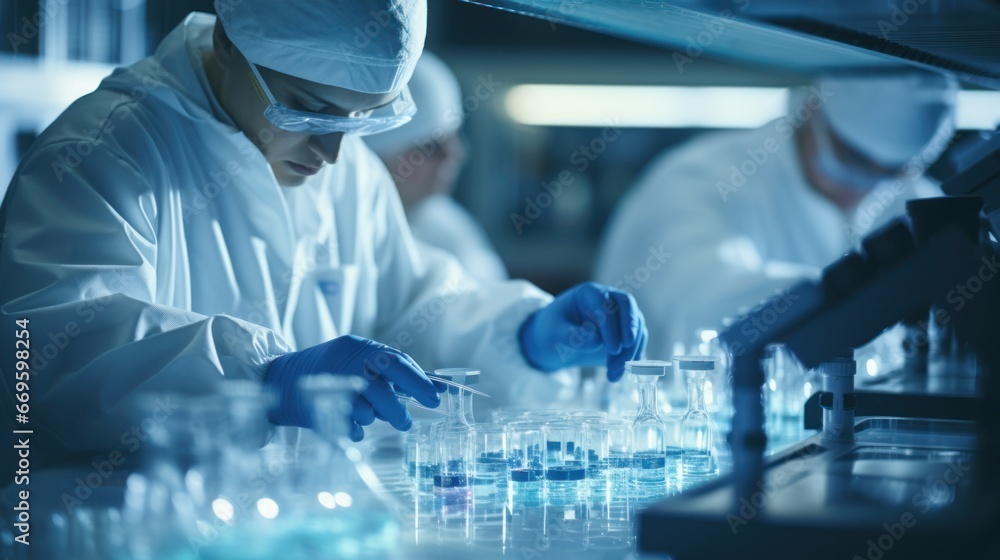 Two Scientists working in Laboratory for visual analyze the sample in petri dish. Two Scientists working in Laboratory for visual analyze the sample in petri dish.