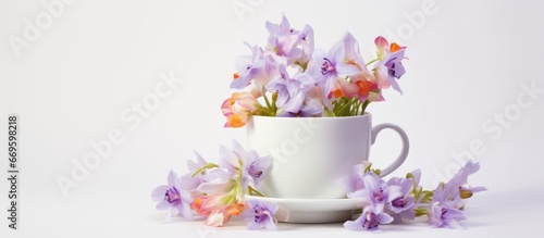 Spring flowers bloom in cups of white