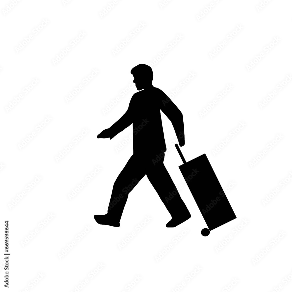 a black shadow of a man walking with a suitcase