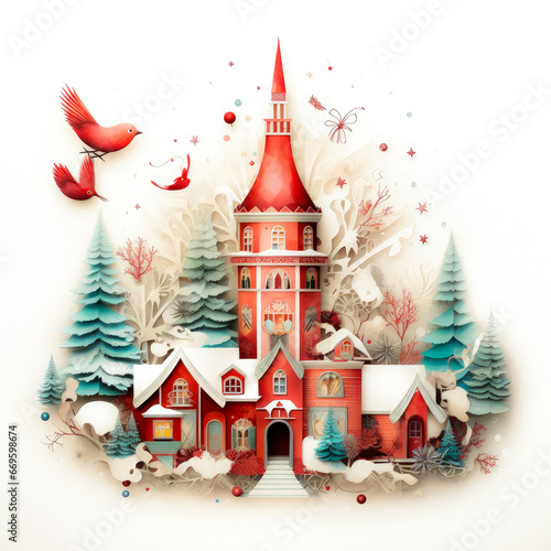 red house with a red bird flying over it and trees and snow on the ground and