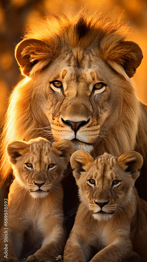 família de leõs na natureza 