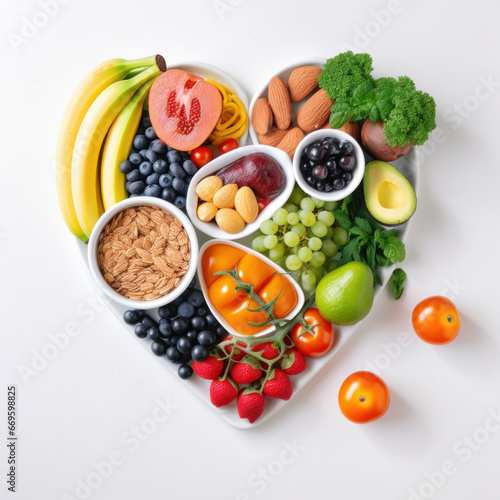 This heart-shaped platter of fresh fruits and vegetables is not only beautiful but also packed with vitamins, minerals, and antioxidants to nourish your body. AI Generative.