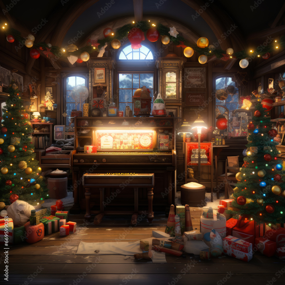 a christmas tree is in a room with a piano, Christmas decorated room with presents