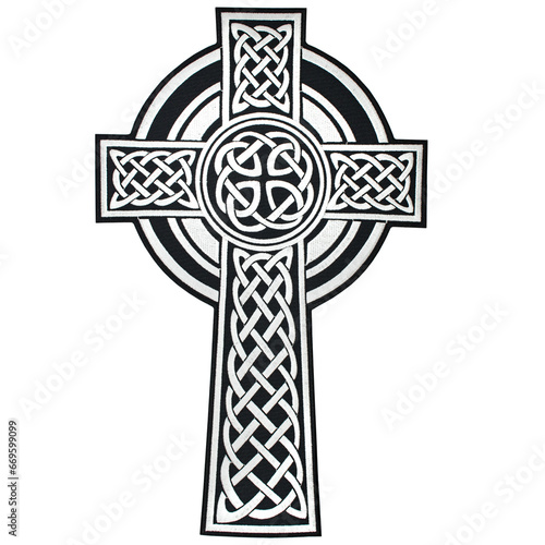 Embroidered patch with the image of celtic cross. Accessory for rockers, bikers, metalheads and punks. Occult symbolism.