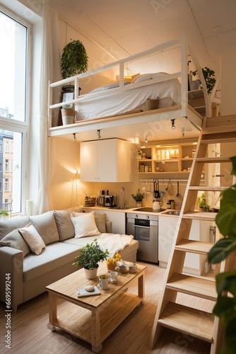 tiny apartment with space saving solutions, Interior design photo