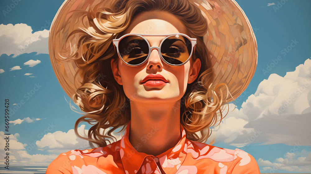 Surrealistic image in the style of an oil painting. Beach vacation portrait, fanciful dadcore with summer patriotic themes. - obrazy, fototapety, plakaty 