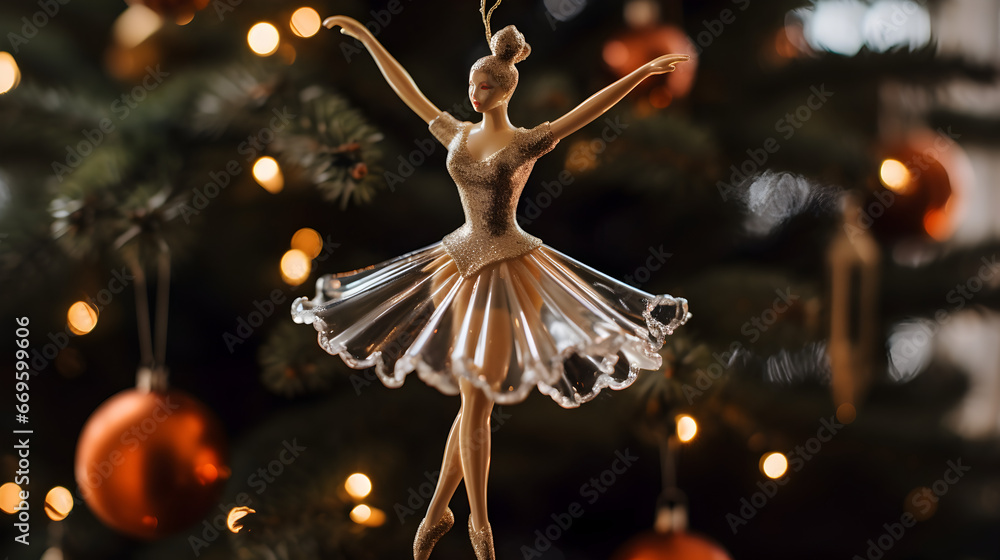 Crystal Ballerina Decoration on Christmas Tree, Festive Atmosphere, High-Quality 4K
