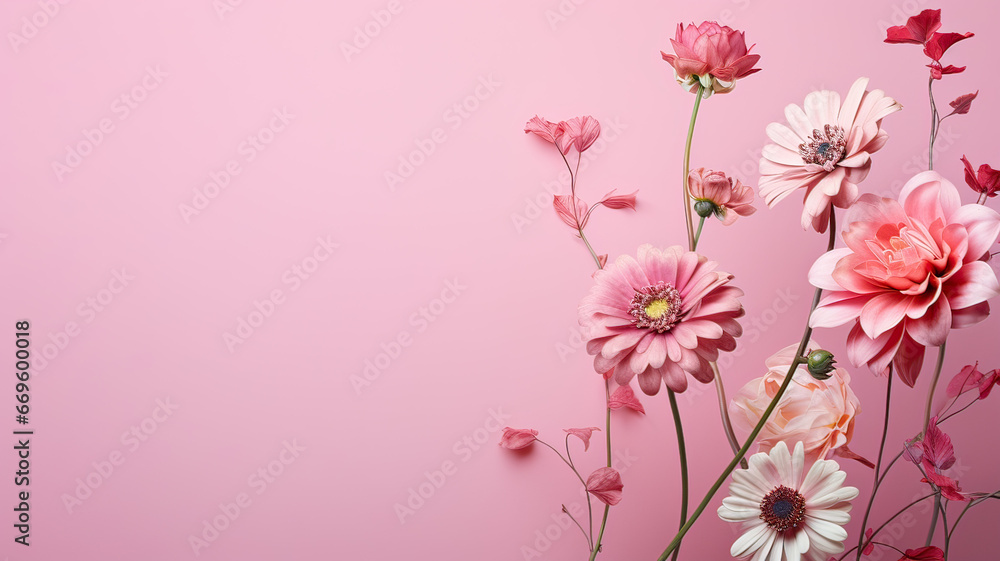 Pink flowers with pink background copy space on the left side Pink flowers with pink background copy space on the left side