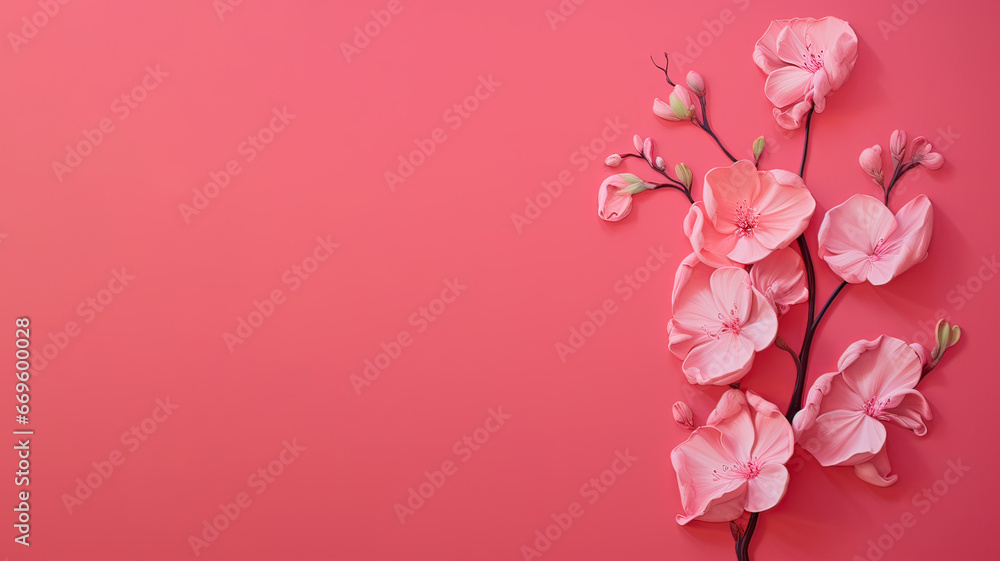 Pink flowers with pink copy space background on the left side