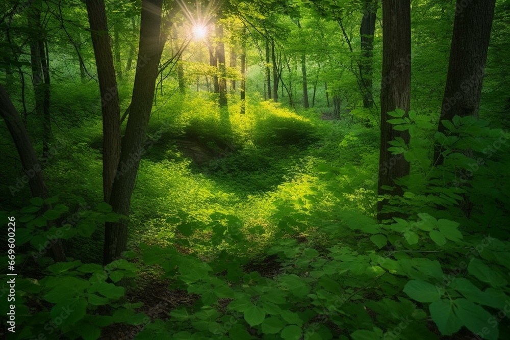 Vibrant heart, radiant rays, verdant woods. Generative AI