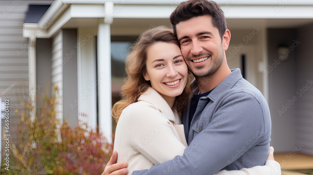 A couple hugs and smiles at the front camera of the house they have bought A couple hugs and smiles at the front camera of the house they have bought