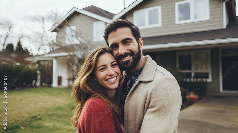 Newly married couple hug and smile for the camera in front of the house they bought Newly married couple hug and smile for the camera in front of the house they bought